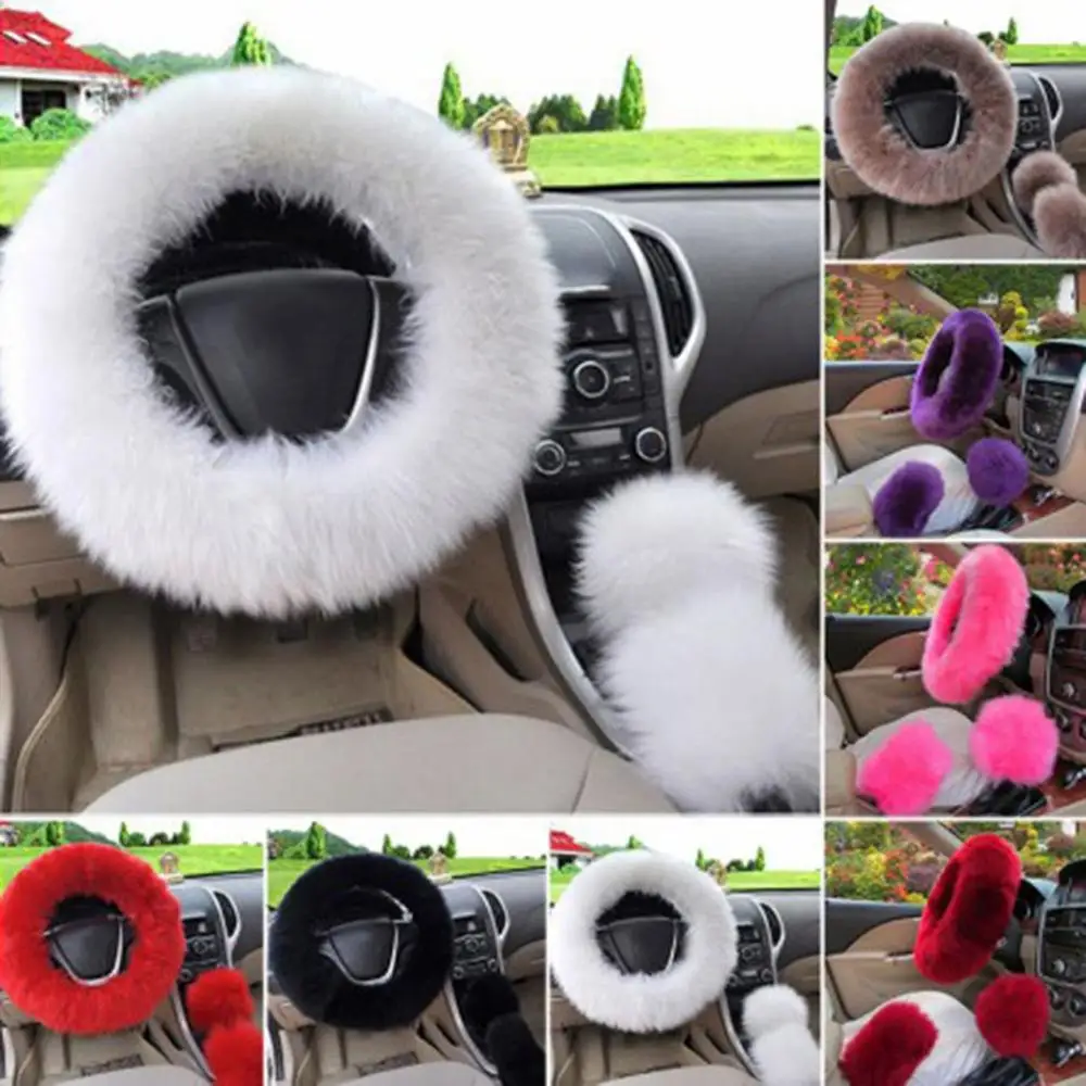 Solid Soft Warm Long Wool Fuzzy Steering Wheel Cover Woolen Handbrake Car Accessory Sheep Fur Plush Protector Cover Kit