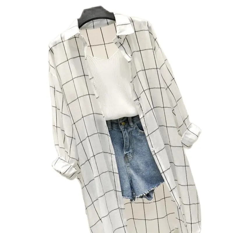 

Shirt Coat Women's Shirt Casual Korean Chiffon Top Plaid Coat 2021 Fashion Women's Dress Over Sun Shirt Coat Chaqueta Mujer