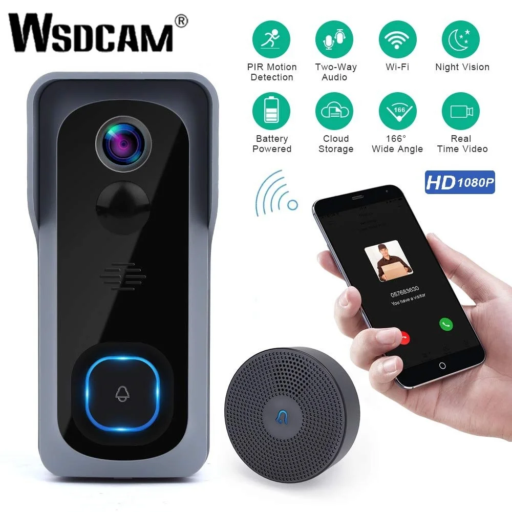 

Wsdcam беспроводной дверной звонок камера HD 1080P Wi-Fi видео дверной звонок дверное кольцо водостойкое ночное видение домашний звонок домашние ка...