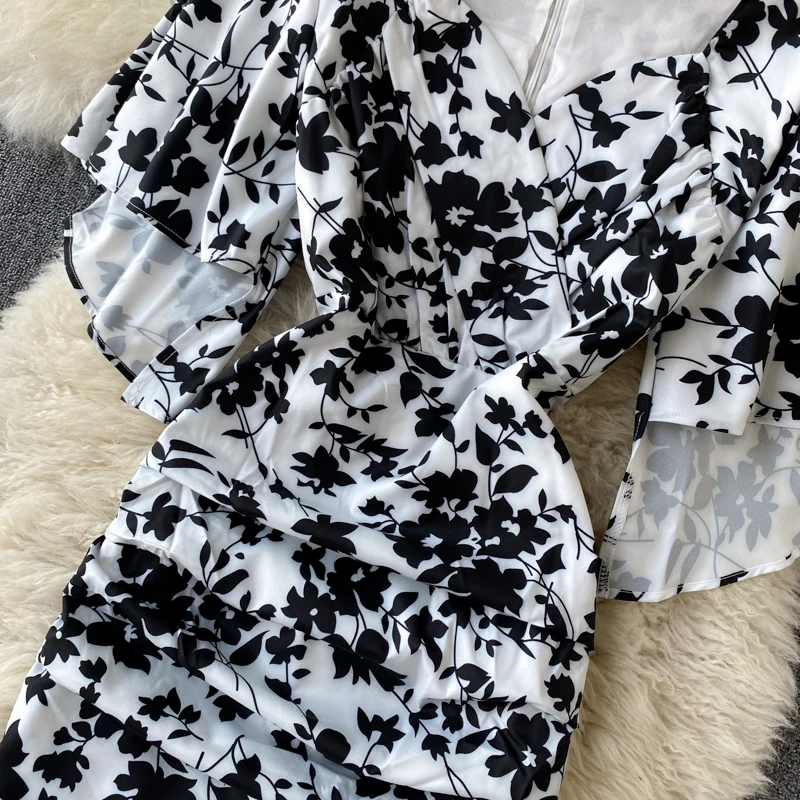 

Women Floral Printed OL Dresses Sexy Y2K Office Lady Back Split Party Dress Fashion Clothes Vintage V-neck Vestidos Wear D417