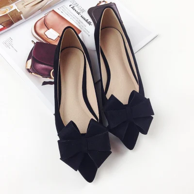 

2020 New Autumn New Bow Pointed Toe Flat Shoes Women Wedding Shoes Flock Leather Big Bowknot Solid Color Plus Small Women Flats
