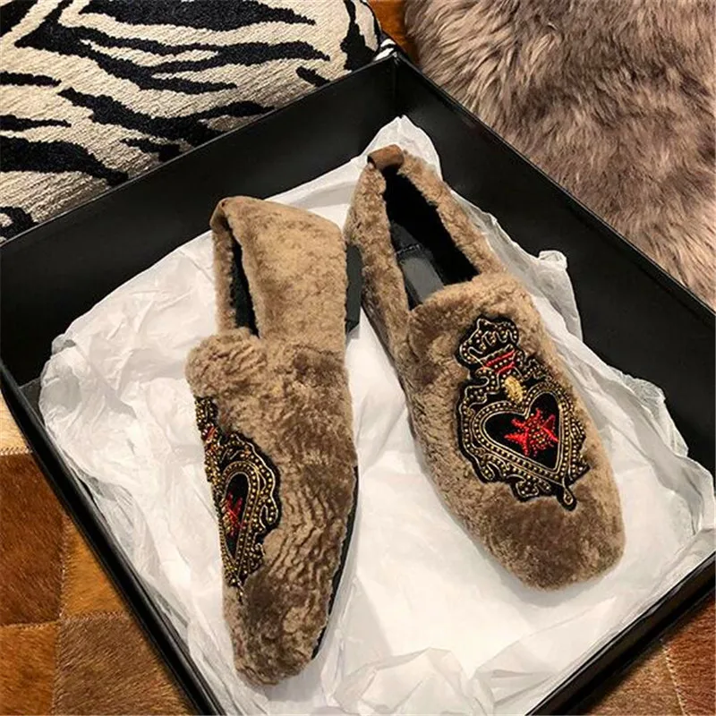 Меховые лоферы с квадратным носом без шнуровки кожаная обувь на плоской подошве