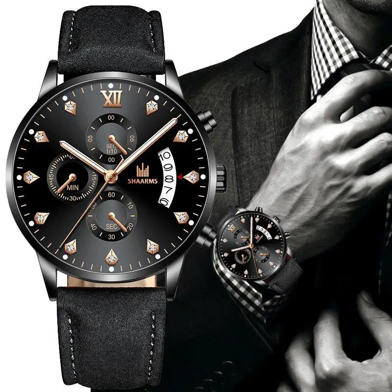 Мужские часы модные с календарем и бриллиантами мужские роскошные кожаные