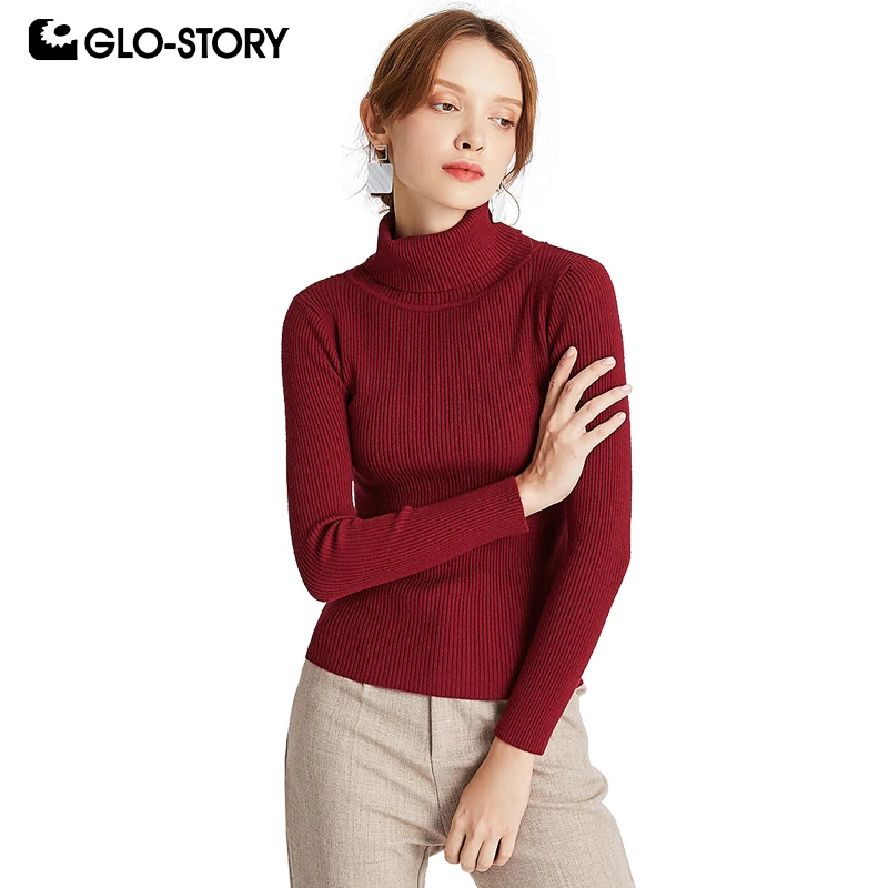 GLO-STORY Casual Basic Solid Women Turtleneck Sweaters Ribbing Long Sleeeve 2019 Autumn Winter Knitted Tops Female 6888 | Женская одежда