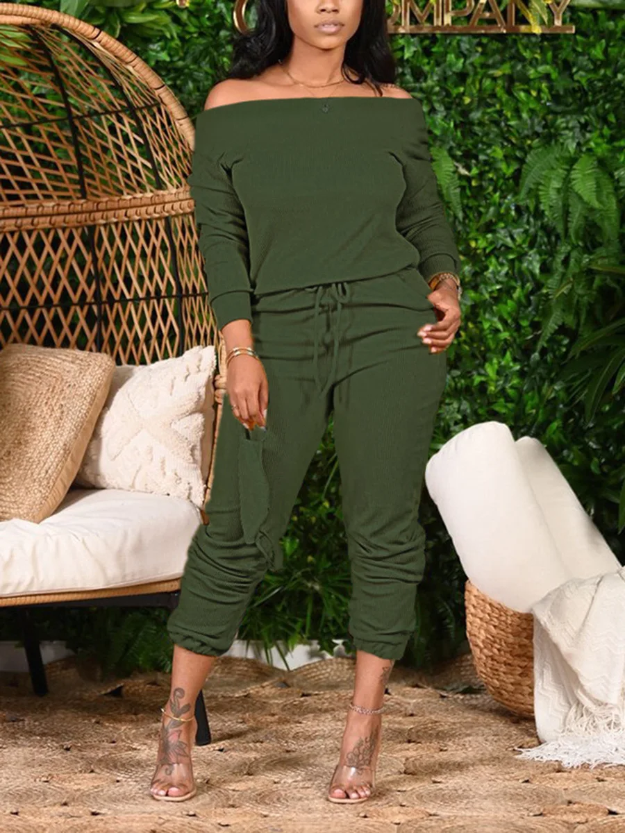 

Women's Loose Off The Shoulder Fashion Two Piece Set Casual Autumn And Winter Long Sleeve And Pants Suit