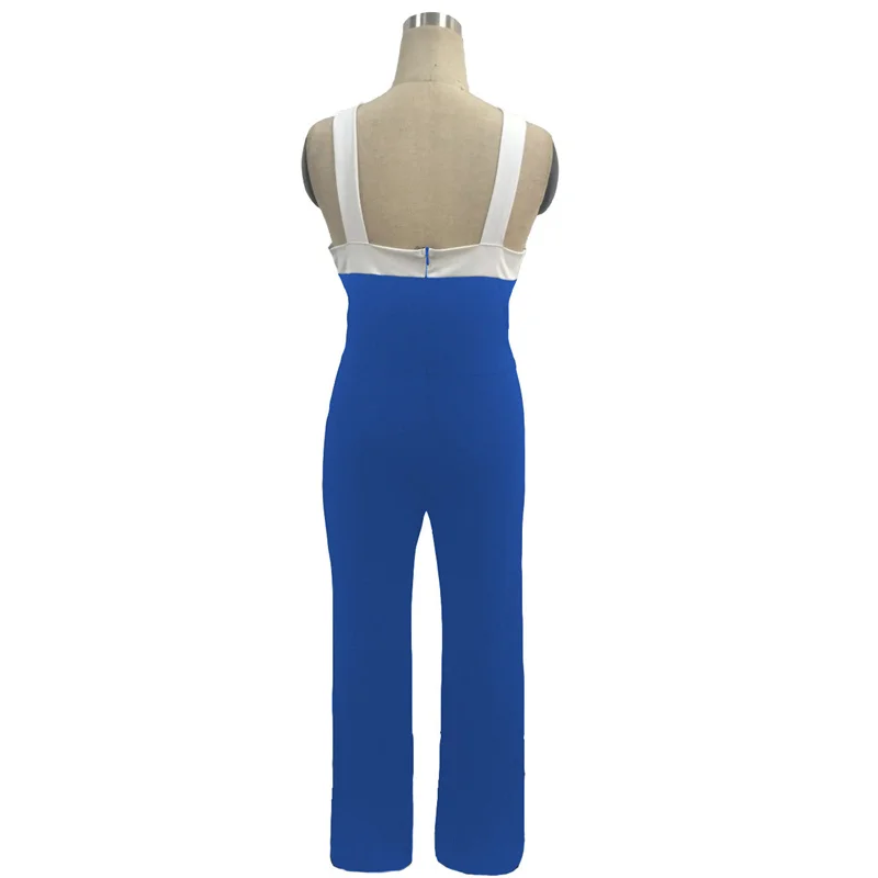 

2021 New European American Summer Women's Sexy Jumpsuits Leaking Shoulders Color Matching Temperament Waist Blue Clothes GH124