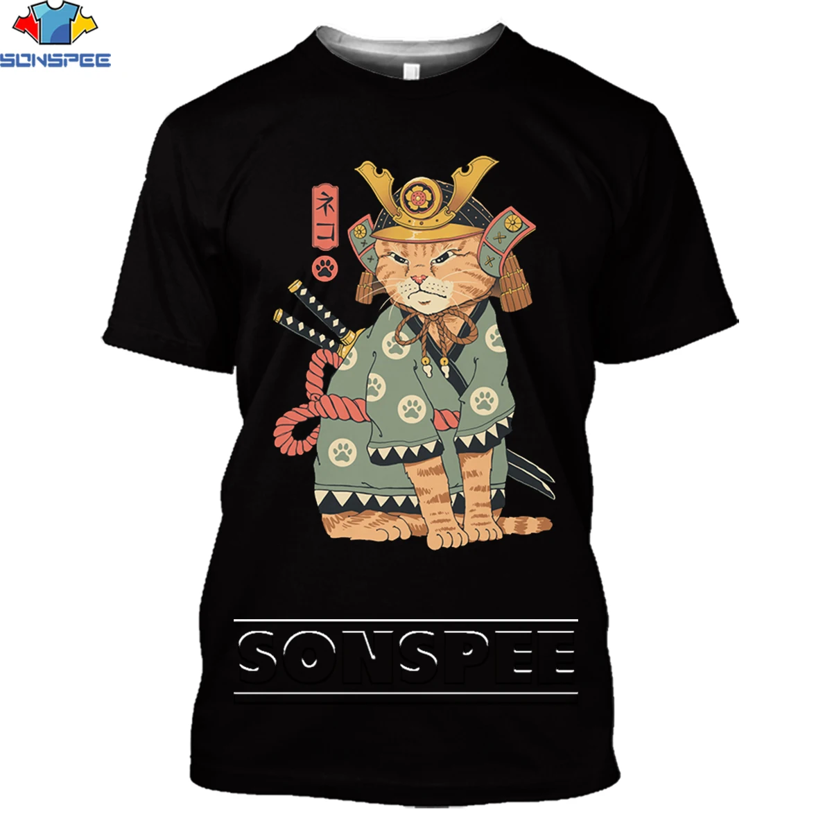 Мужская футболка SONSPEE с 3D-принтом японских тату-самураев и кошек Забавные