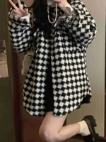 loose black and white plaid versatile casual tweed coat womens autumn and winter small medium and long top fashion