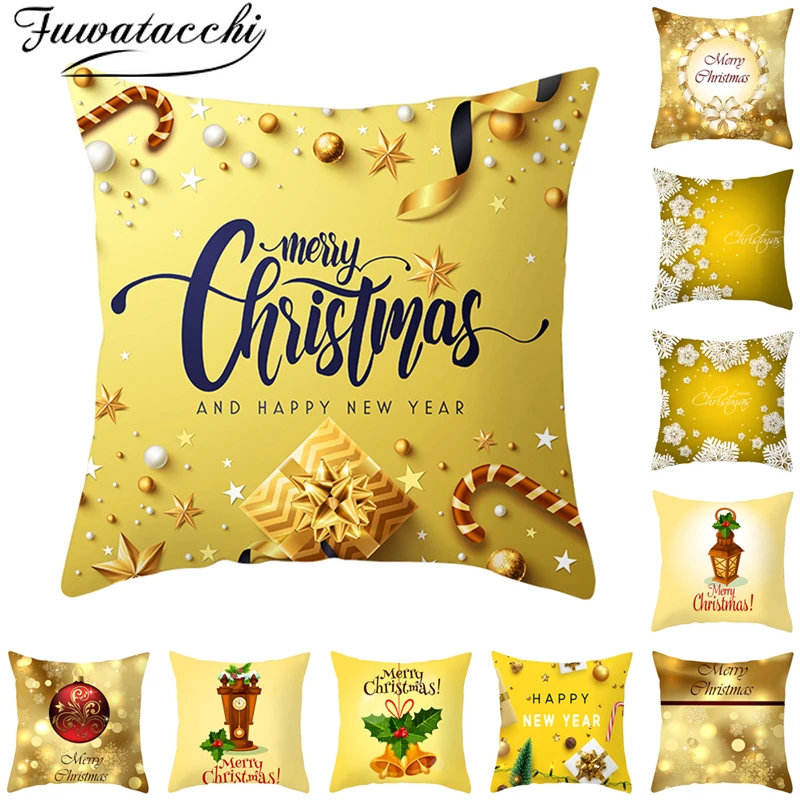 Fuwatacchi Gold Merry Christmas Cushion Cover New Year Gift Throw Pillow Covers for Home Sofa Decorative Pillowcases 45*45cm
