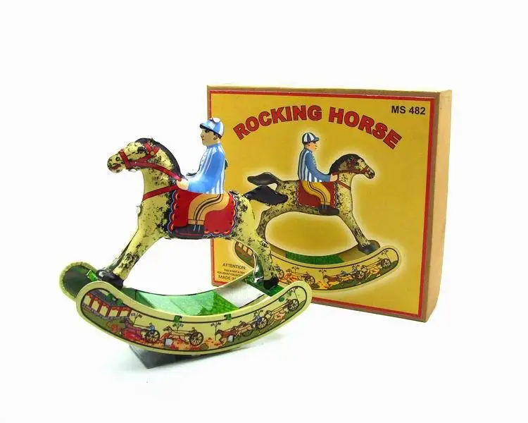

[Funny] Adult Collection Retro Wind up toy Metal Tin rocking horse Riding horse knight Clockwork toy figure model vintage toy