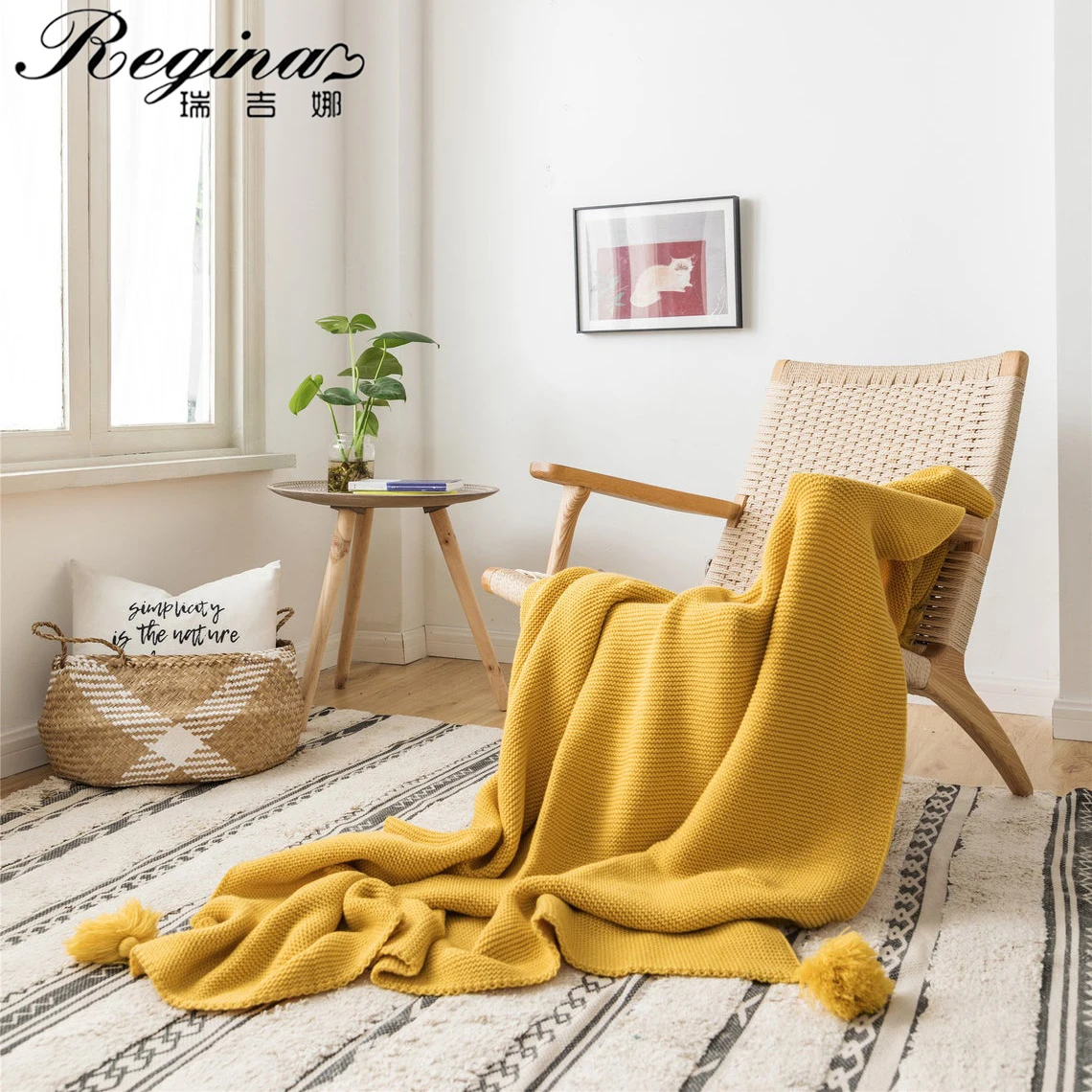 REGINA Modern Brignt Chunky Knit Blanket Warm Cozy Yellow Blue Green Pink Tassel Home Decor Beauty Office Wearable Throw Blanket
