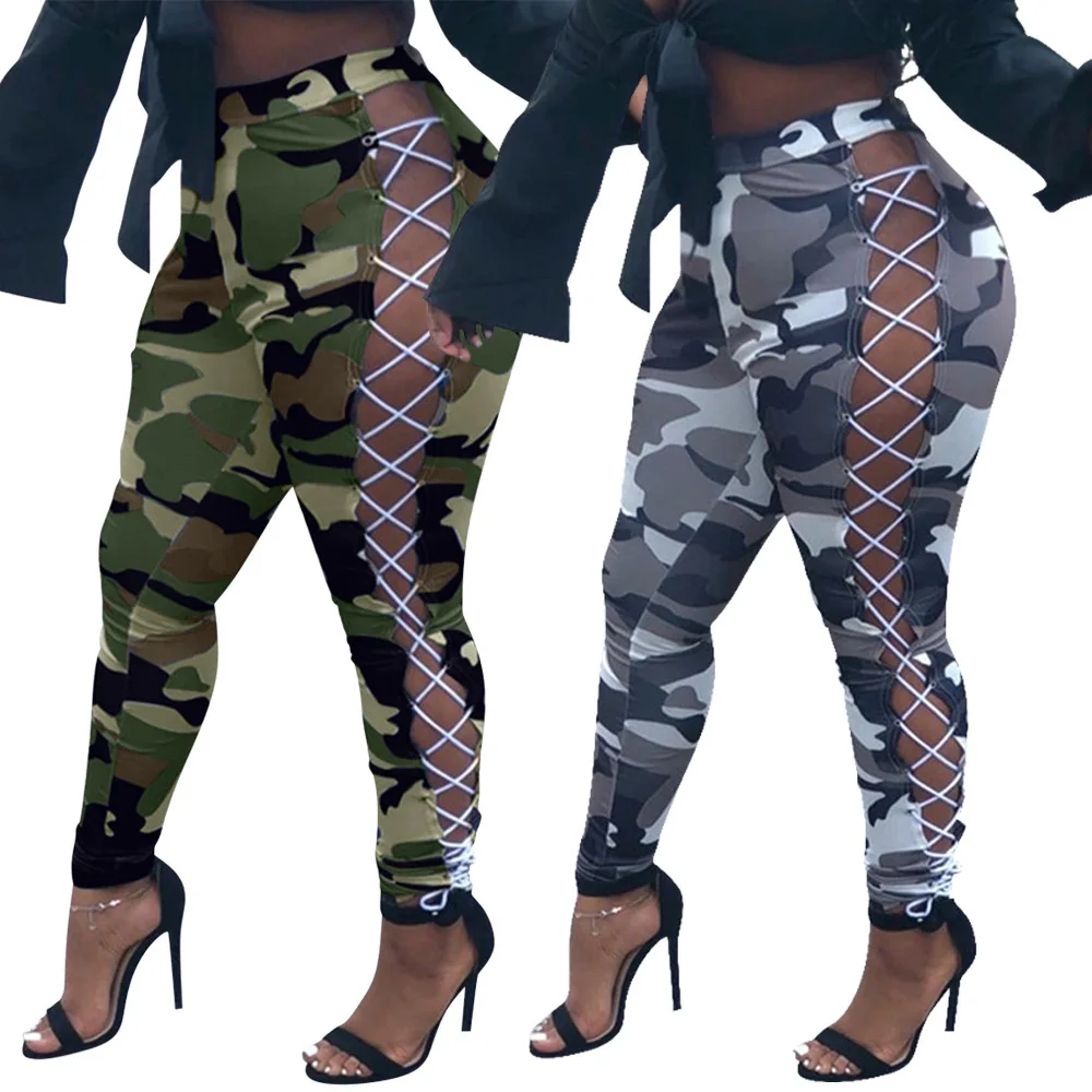 

Cutubly Clothing Trouser Pant High Waisted Pants Slim Fit Sexy Hollow Out Camo Fashion Female Casual Trousers For Women Autumn