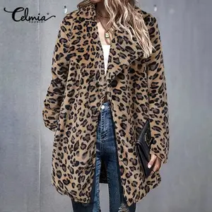 Модные флисовые пальто Celmia 2021, женские куртки с длинным рукавом и леопардовым принтом, зимняя теплая длинная верхняя одежда, повседневные пальто с лацканами