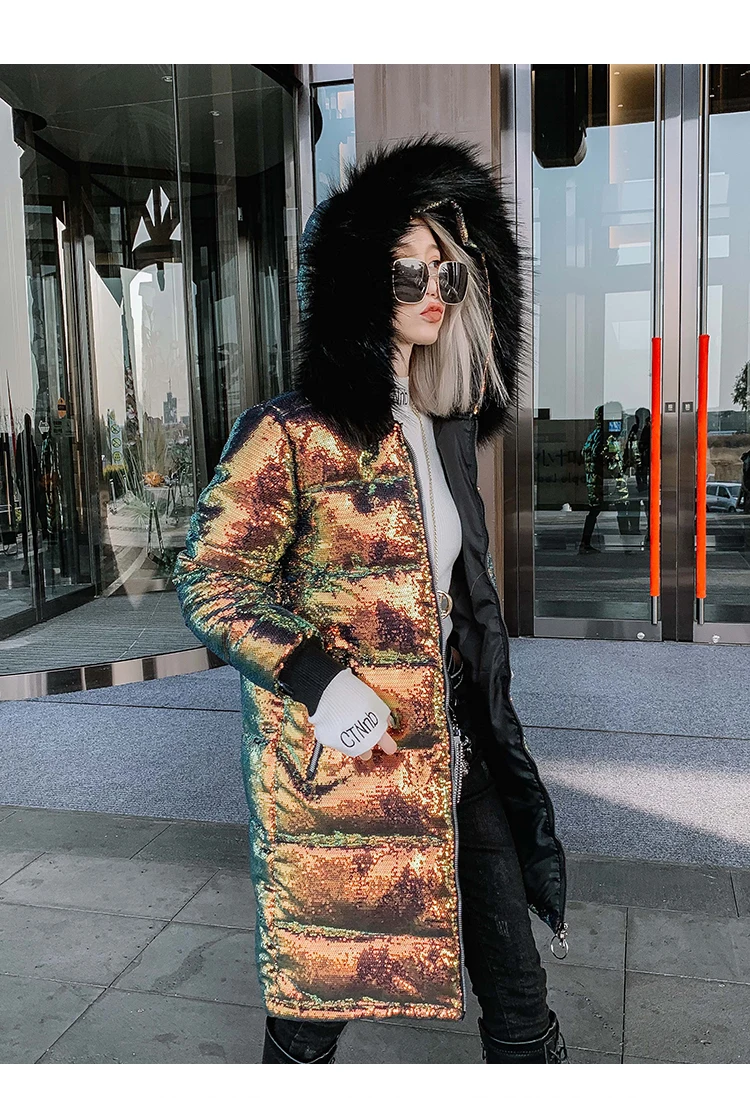 Модная зимняя длинная куртка с голограммой для девочек блестящее пальто