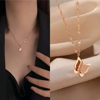 stainless steel double necklace frosted butterfly pendant rose gold fashion simple young ladies luxury jewelry friendship gift