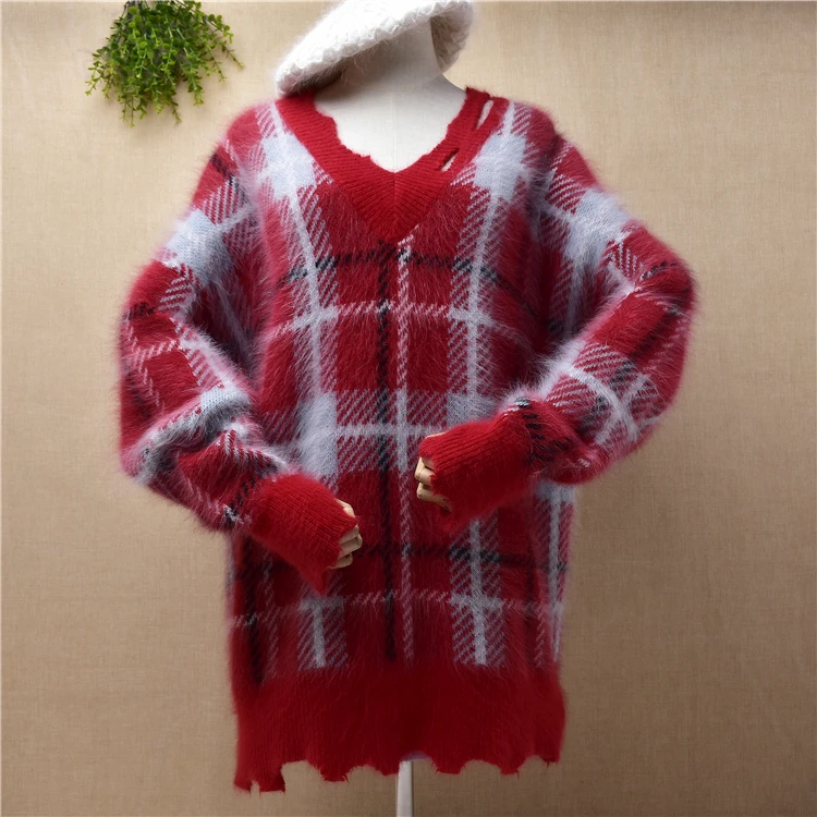 

Korean female women hairy plaid striped mink cashmere winter thick warm v-neck loose angora fur lazy oaf jumper sweater pull top