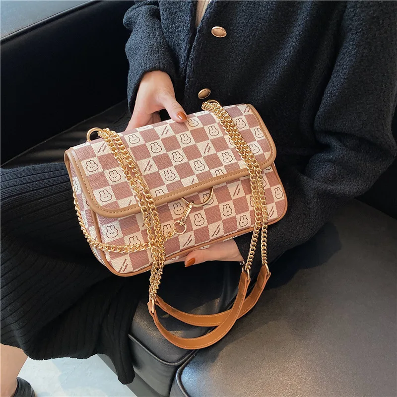 

Ladies New Checkerboard Design Shoulder Bag Student Cute Cartoon Printed Messenger Bag Women Brand Chain Plaid Bag