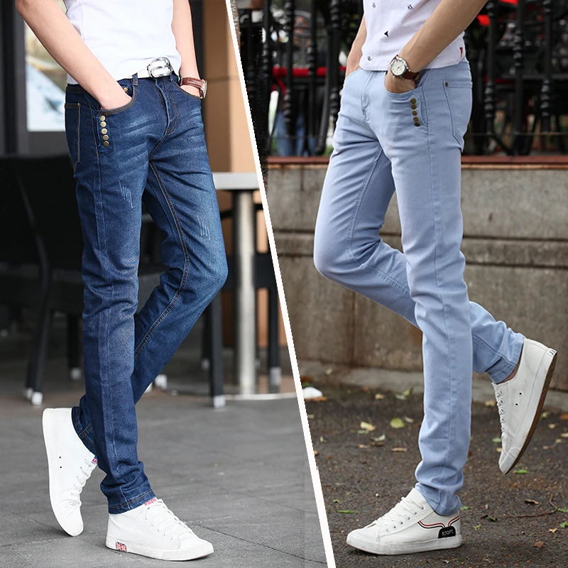 

Men's Pure Blue Jeans Men's Button Decoration Skinny Casual Fashion Jeans Micro-elastic Slim Jeans Size 28-38