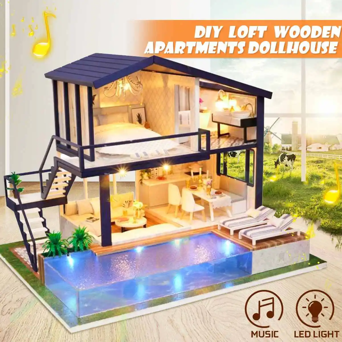 

DIY Loft Apartments Dollhouse Miniature Wooden Furniture Kit Doll House Birthday Christmas Loft Toy Kids Gift Rumbox Mini House