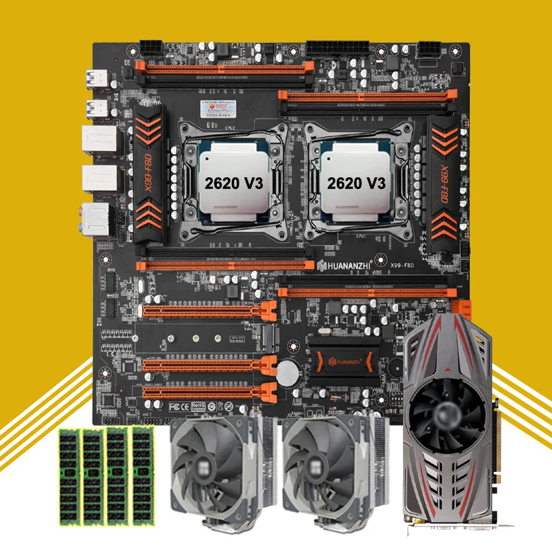 

HUANANZHI X99-F8D Dual CPU Motherboard 2 CPU Xeon 2620 V3 with CPU Coolers 32G RAM DDR4 REG ECC GPU GTX750TI 2G Video Card DIY