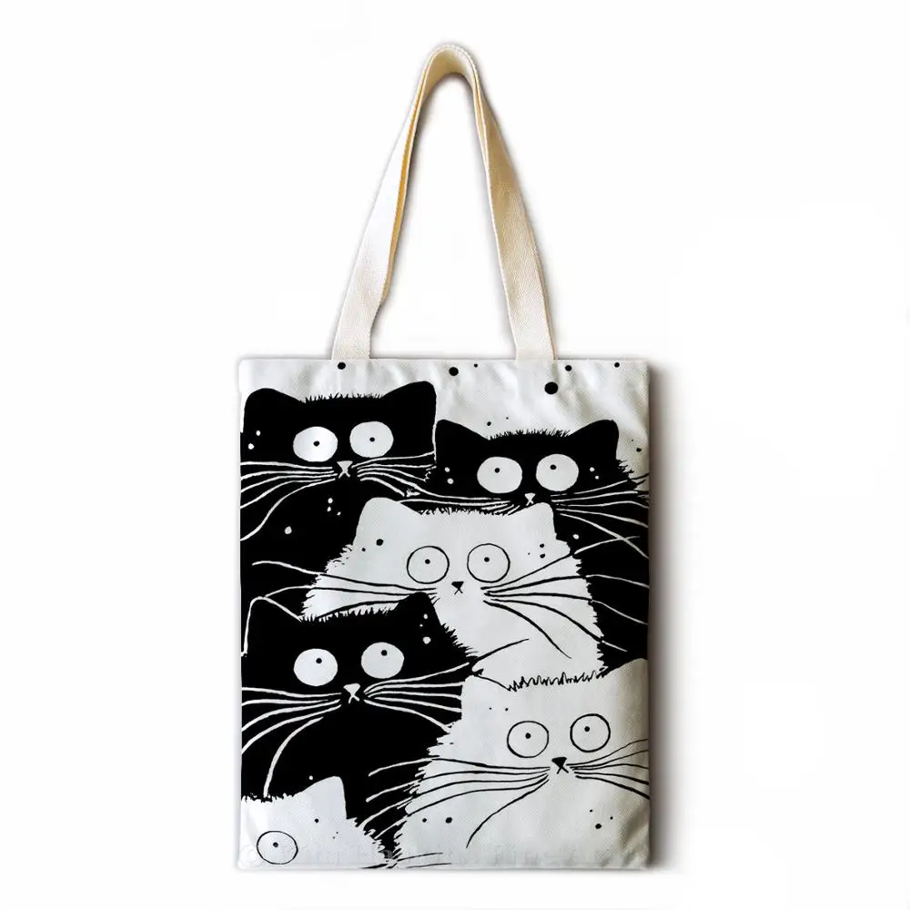 

INS black and white cat printed cotton and linen shoulder bag reusable shopping bag ladies handbags handbags with pockets