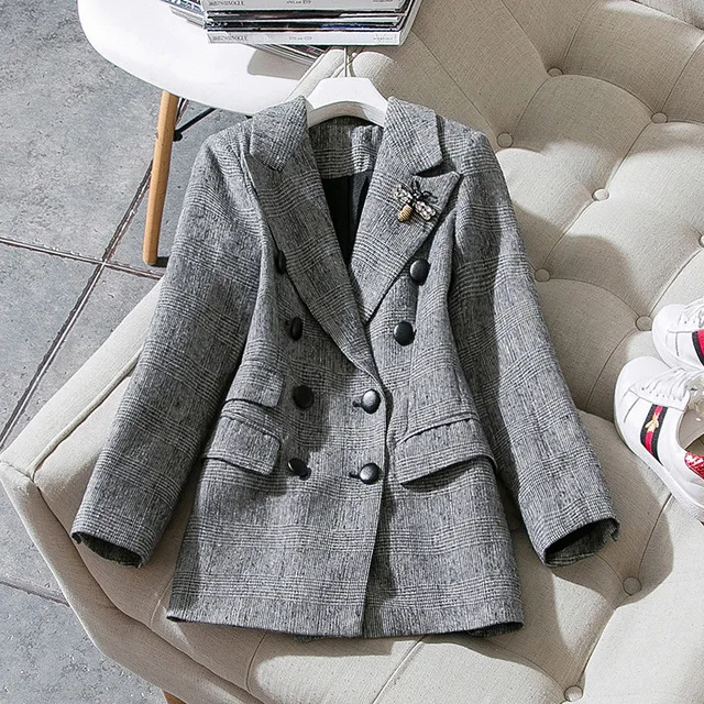 Женский Винтажный Длинный шерстяной Блейзер приталенный двубортный Клетчатый