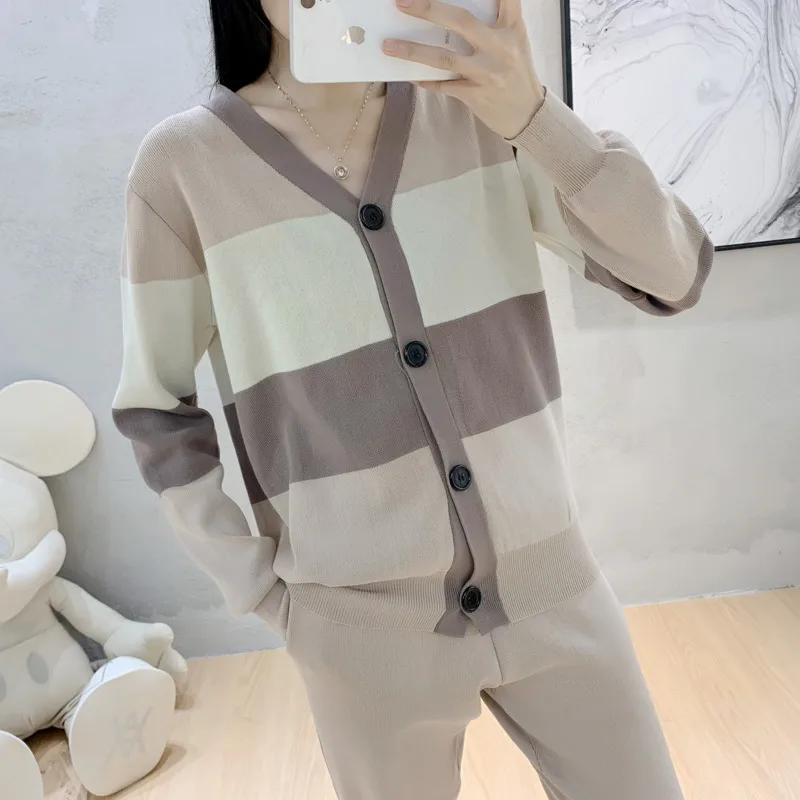 

2021 Autumn Winter Casual Tracksuits Women Knitted 2 Piece Set Thick Warm Sweater Cardigan + Pant Suits Loose Two Piece Sets