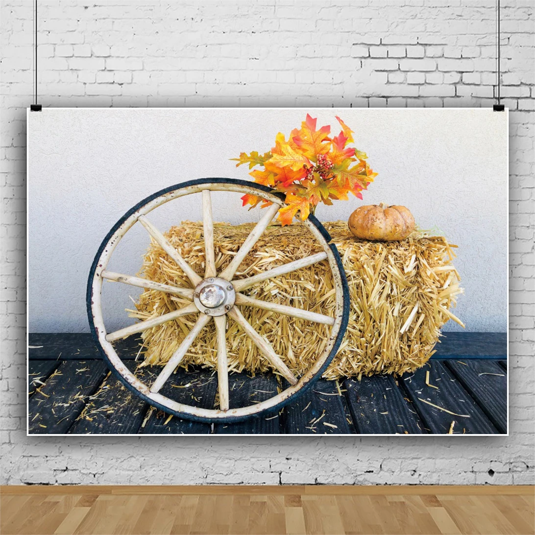 

Laeacco Old Wood Wheel Black Wood Floor Autumn Haystack Pumpkin Cement Wall Baby Party Portrait Photo Background Photo Backdrops