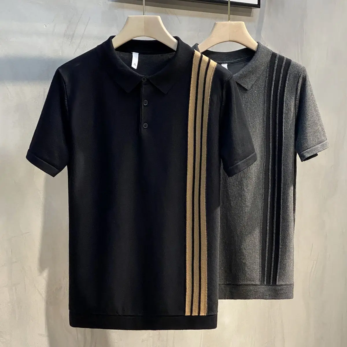 

Spring and Summer 2021 Men's Lapel Short Sleeve T-shirt Business Casual Striped Sweater Polo Men's Trend Sweater