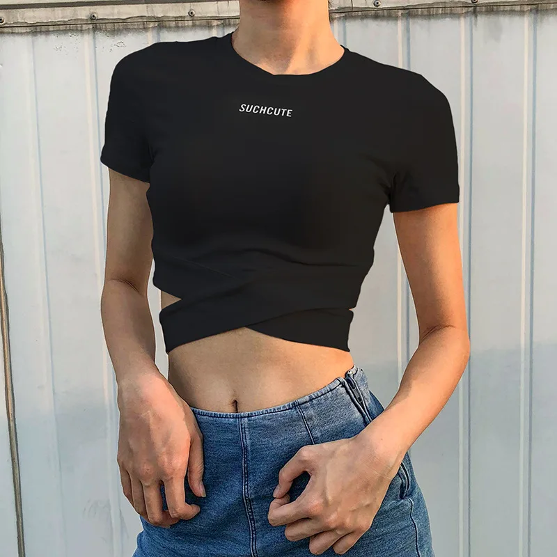 

Summer Women T-Shirt Casual Short Sleeved Personality Sexy Hem Cross Cut Out Slim Sleeves t Shirt Sportswear Round Neck Top