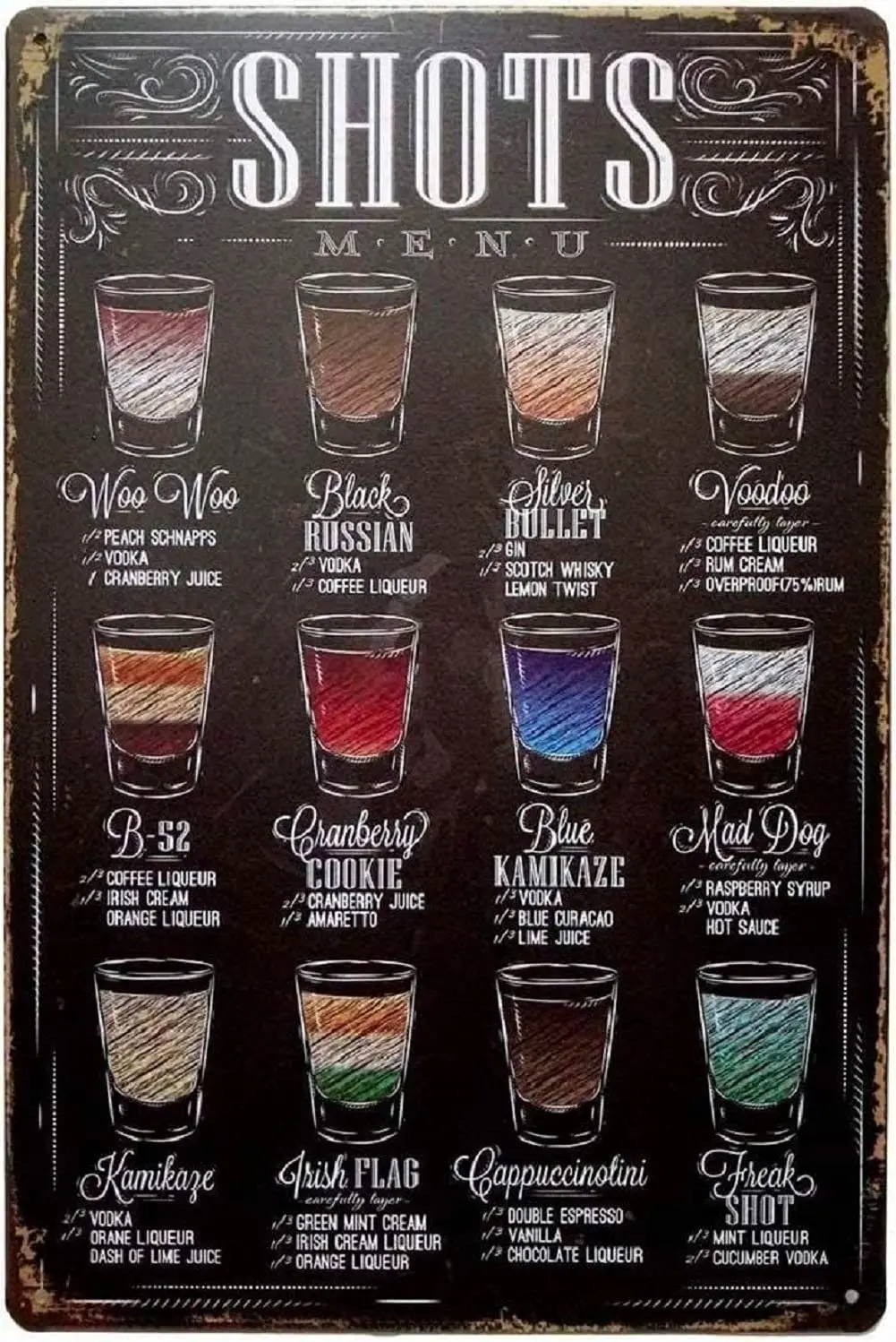 

Shots Menu Retro Vintage Bar Metal Tin Sign Poster Ptyle Wall Art Pub Bar Decor