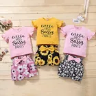2021 г. Летний комплект одежды для маленьких девочек, модная футболка с буквенным принтом шорты с цветочным принтом и бантом Одежда для новорожденных из 2 предметов комплект одежды для маленьких девочек