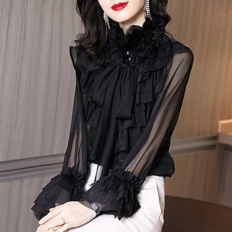 

Women Mesh Sheer Blouse See-through Long Sleeve Top Fashion 2021 New Retro Ruffled Chiffon Shirt Top Female Blusas
