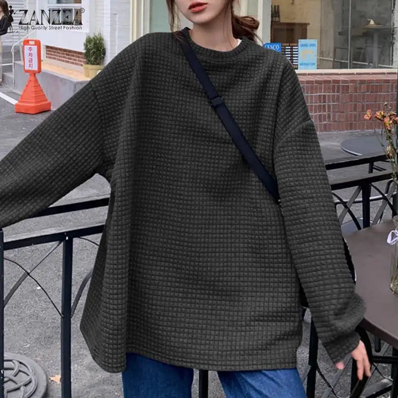 

Модные ранние толстовки ZANZEA большого размера, осень 2021, клетчатый пуловер с длинным рукавом, Повседневная однотонная свободная уличная оде...