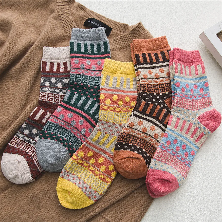 Фото - 5 пар, зимние плотные теплые шерстяные носки в стиле Харадзюку, 5 пар 5 пар женские зимние плотные носки 5 цветов в упаковке