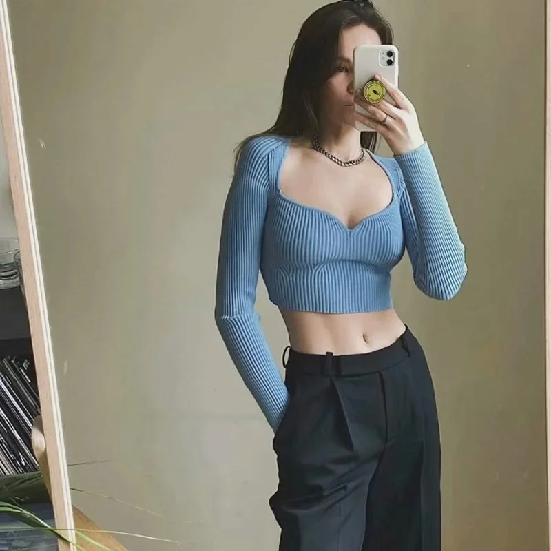

WOMENGAGA Women Sweetheart Neck Rib Crop Knit Top Fitted Knit Jumper G4CO