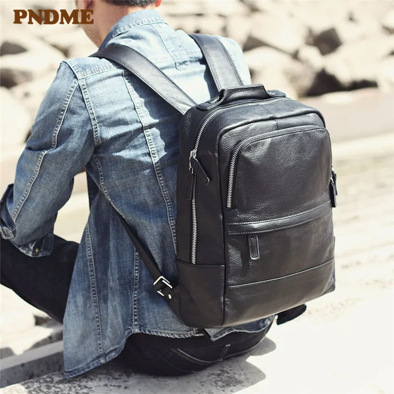 

Простой повседневный рюкзак PNDME из воловьей кожи для мужчин и женщин, дорожный Черный ранец из высококачественной натуральной кожи для рабо...
