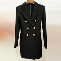 high street new fashion 2021 designer stylish womens long sleeve notched collar lion buttons double breasted blazer dress