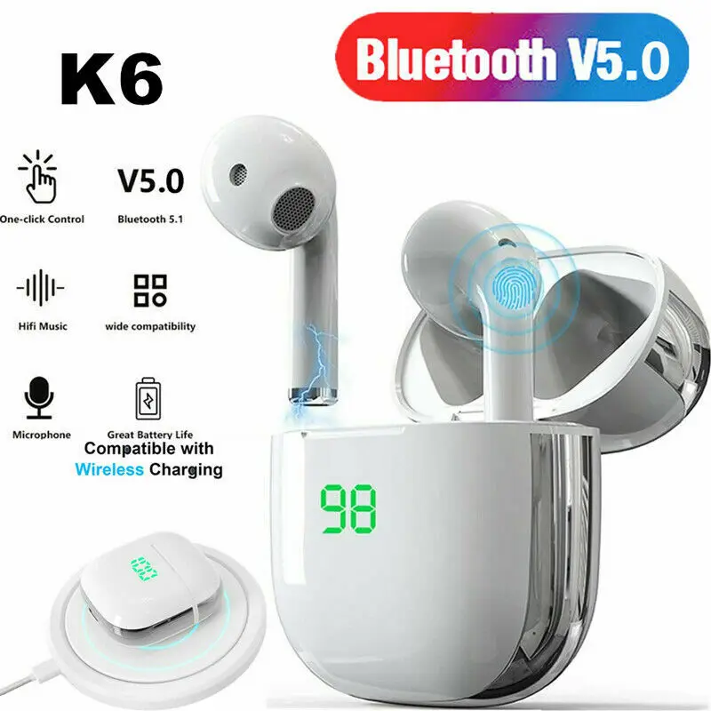 

K6 TWS Bluetooth 5.0 Earbuds True Wireless Earphones Sweatproof White NEW UK