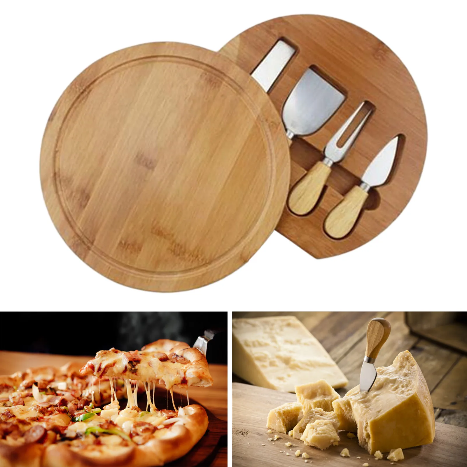 

1 Set Round Bamboo Cheese Board Set Round Kitchen Cutting Board For Gifts