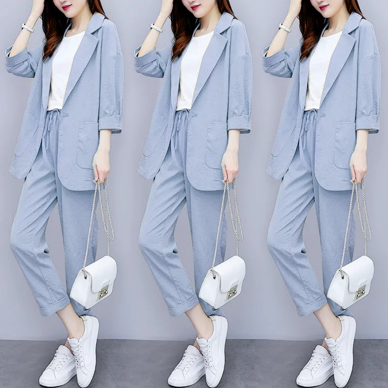 

Women Autumn summer Causal 2 piece setssuit Plus Size Solid Cotton and linen Blazer Coat Harem Pants Suits