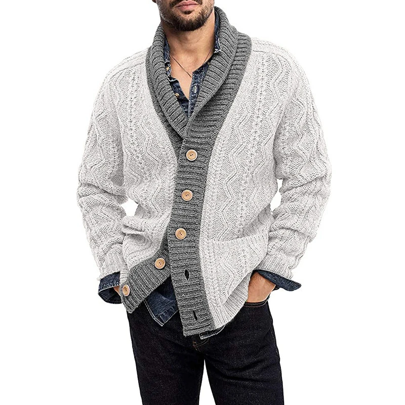Men's clothes Mans Autum Winter Casual Long Sleeved Sweaters For Men Colorblock Lapel 3D Jacquard Knitted Cardigan Male Knitwear