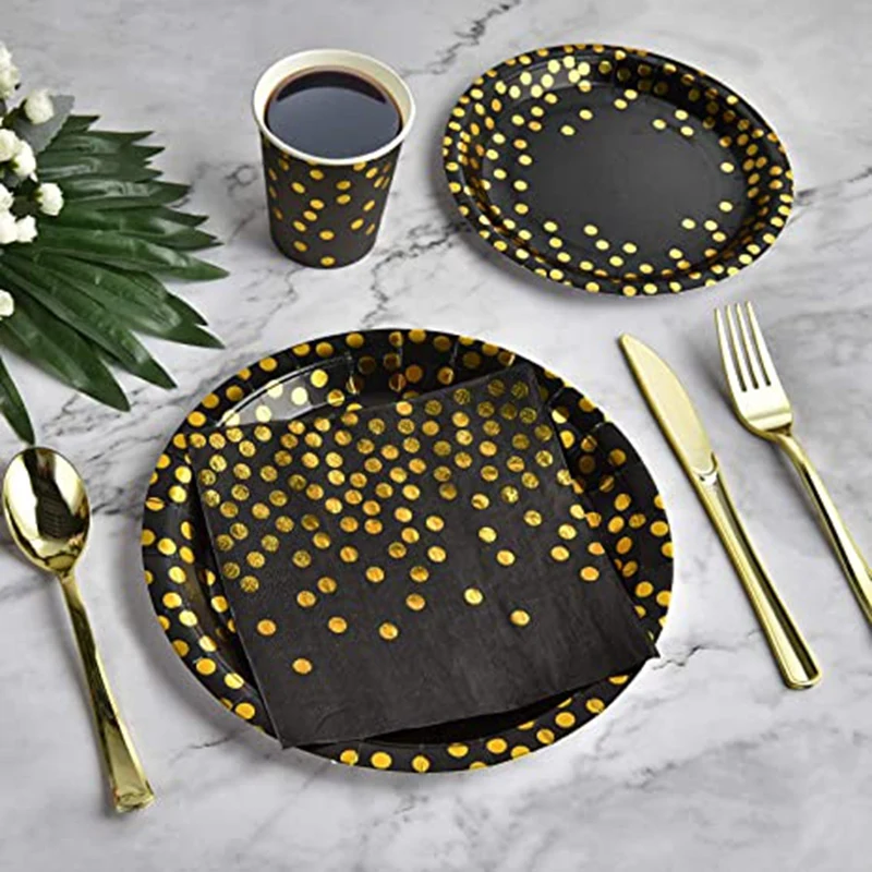 

Disposable Black and Gold Party Supplies Paper Plate and Napkin Cup Set for Birthday Party Graduation Wedding Engagement