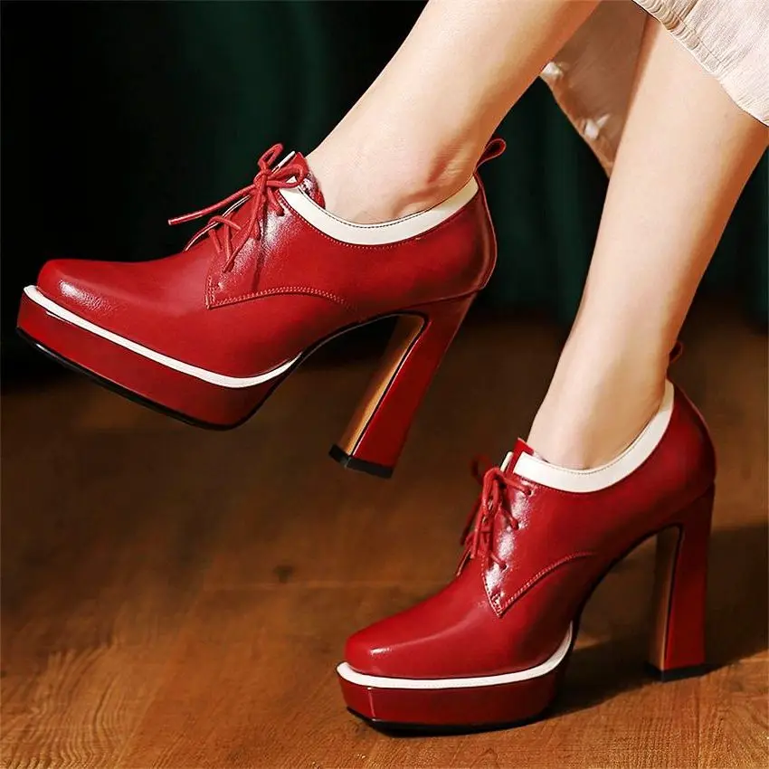 Bottines en cuir véritable à talons hauts épais pour femmes, escarpins à plateforme, à bout rond, chaussures de boîte de nuit de mariage 34 35 36 37 38 39