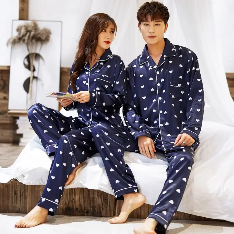 CAIYIER 2020 Winter Couple Pajamas Set Silk Loves Print Long Sleeve Sleepwear Men & Women Casual Big Size Lovers Nightwear M-5XL