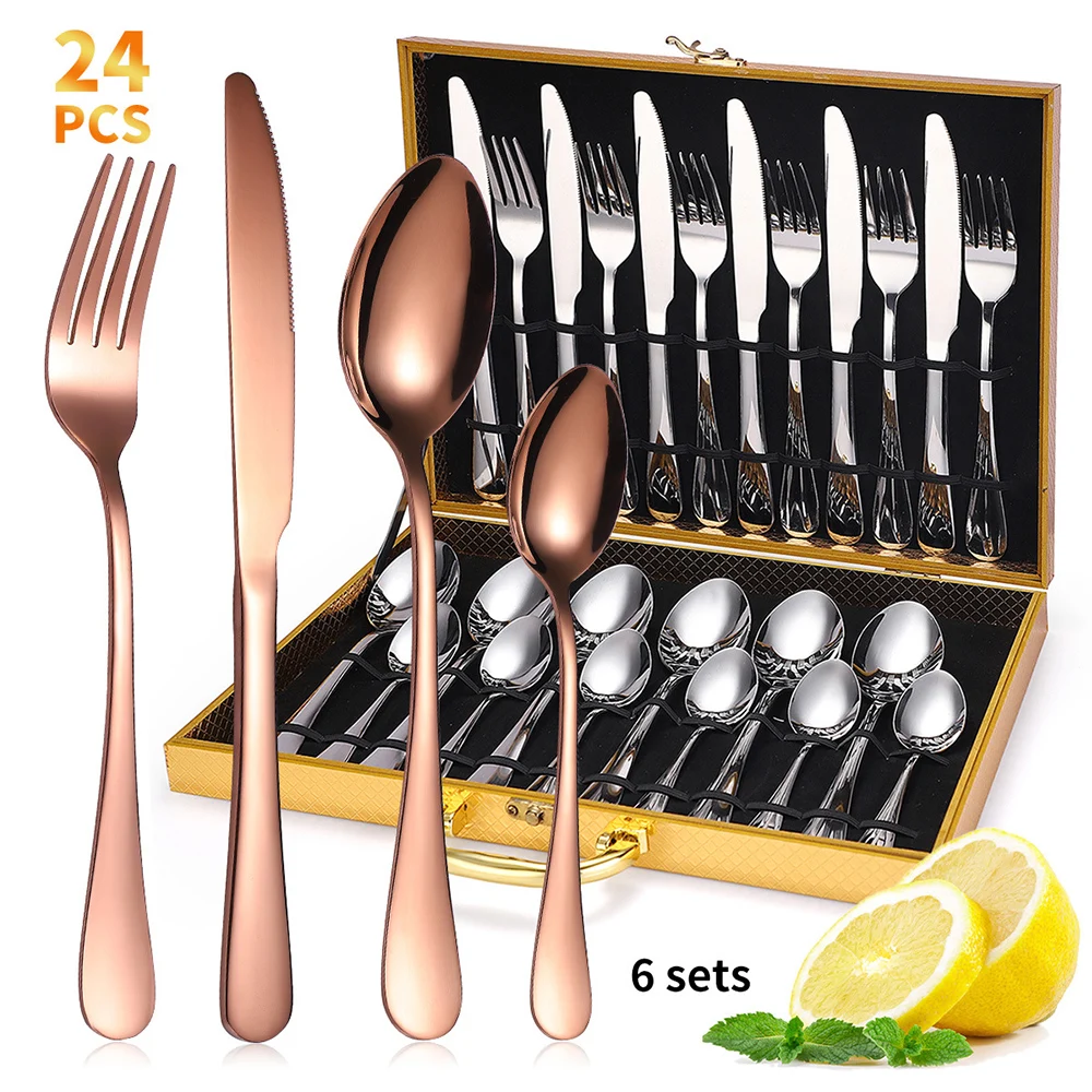 

24Pcs Flatware Set Stainless Steel Spoon Fork Knife Cutlery + Wooden Box Dinner Spoon Soup Steak Knife Dinner Fork