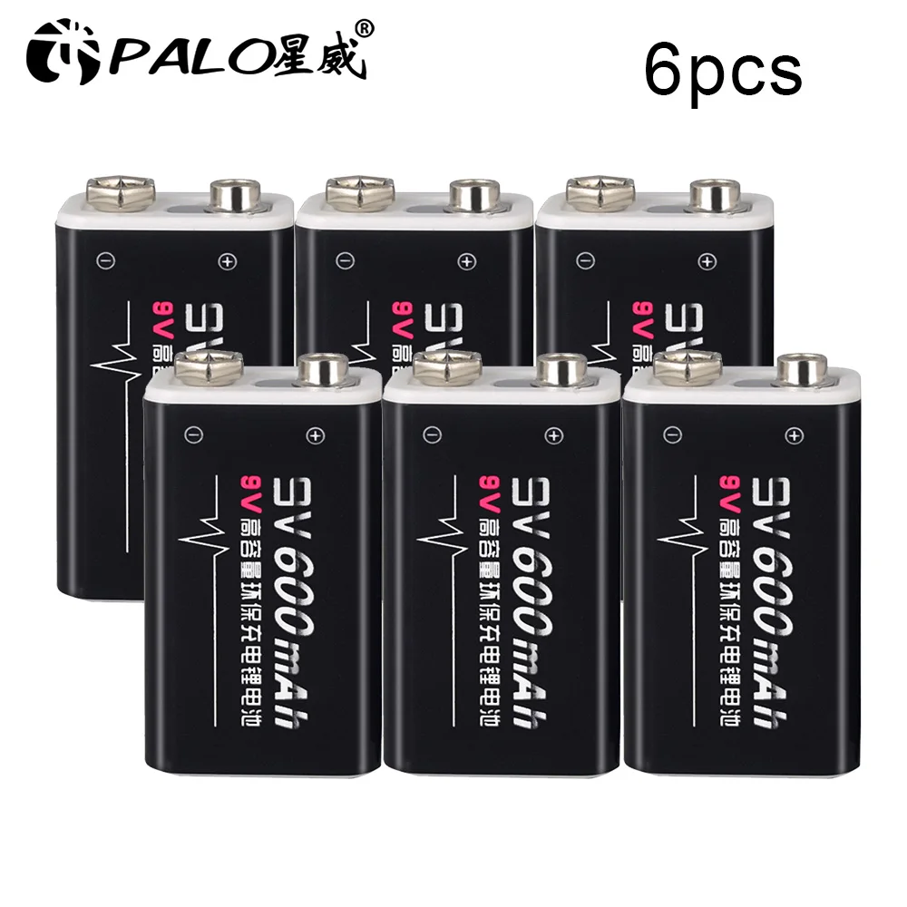 6PCS PALO 600 мА/ч, Батарея 9В батареи 6f22 6F22X 6LR61 9V ионно-литиевая Перезаряжаемые Батарея для радио, Камера, игрушки и так далее - Цвет: 6PCS