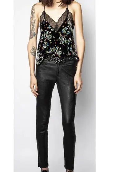 

Tops 2021 Women New Silk Velvet Print Camisole Top with Lace Trim on The Chest