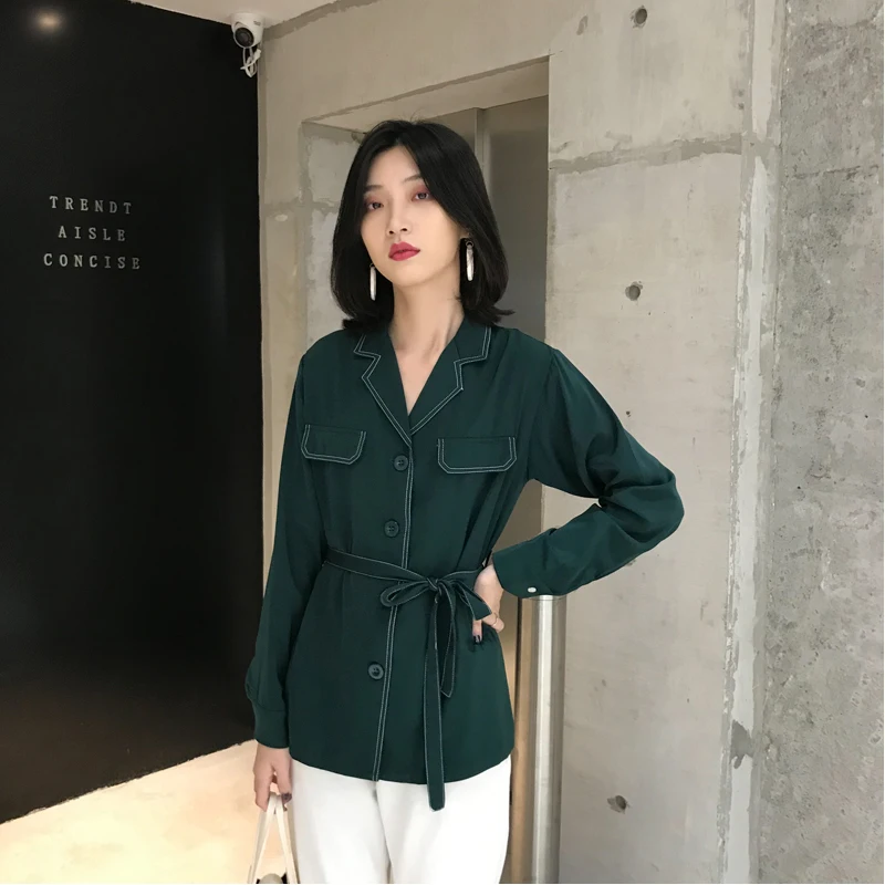KINOMI осенние женские рубашки с длинным рукавом и поясом повседневные свободные