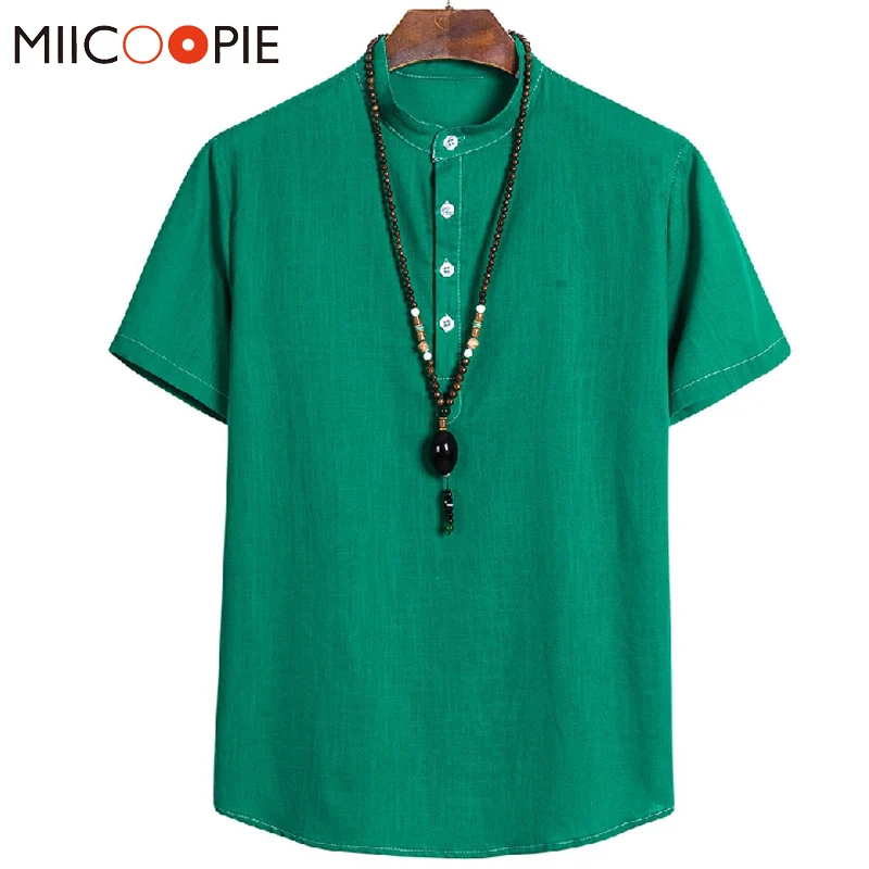 

2020 Mandarin Collar Men Shirts Hawaiian Tops Cotton Linen Breathable Short Sleeved Camisas Para Hombre Summer Button Up Shirt